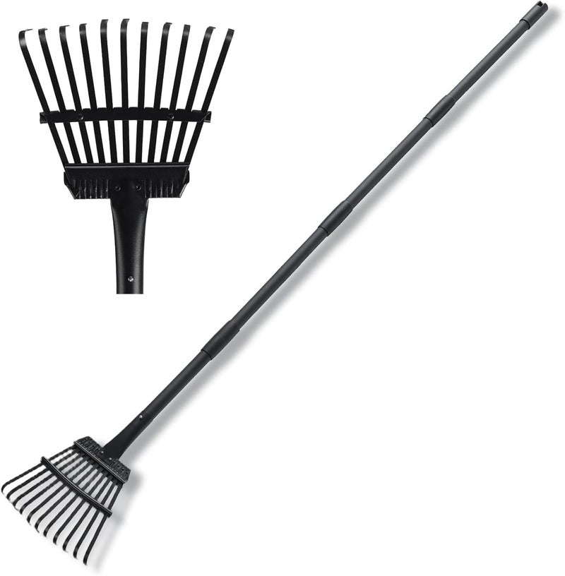 ABtool Small Rakes for Garden Beds,11 Tines Heavy Duty Metal Yard Hand Rake with 63in Adjustable Handle,Ideal Gardening Rakes for Gathering Leaves,Shrub,Dog Poop,Garden Flower Beds - Image 1